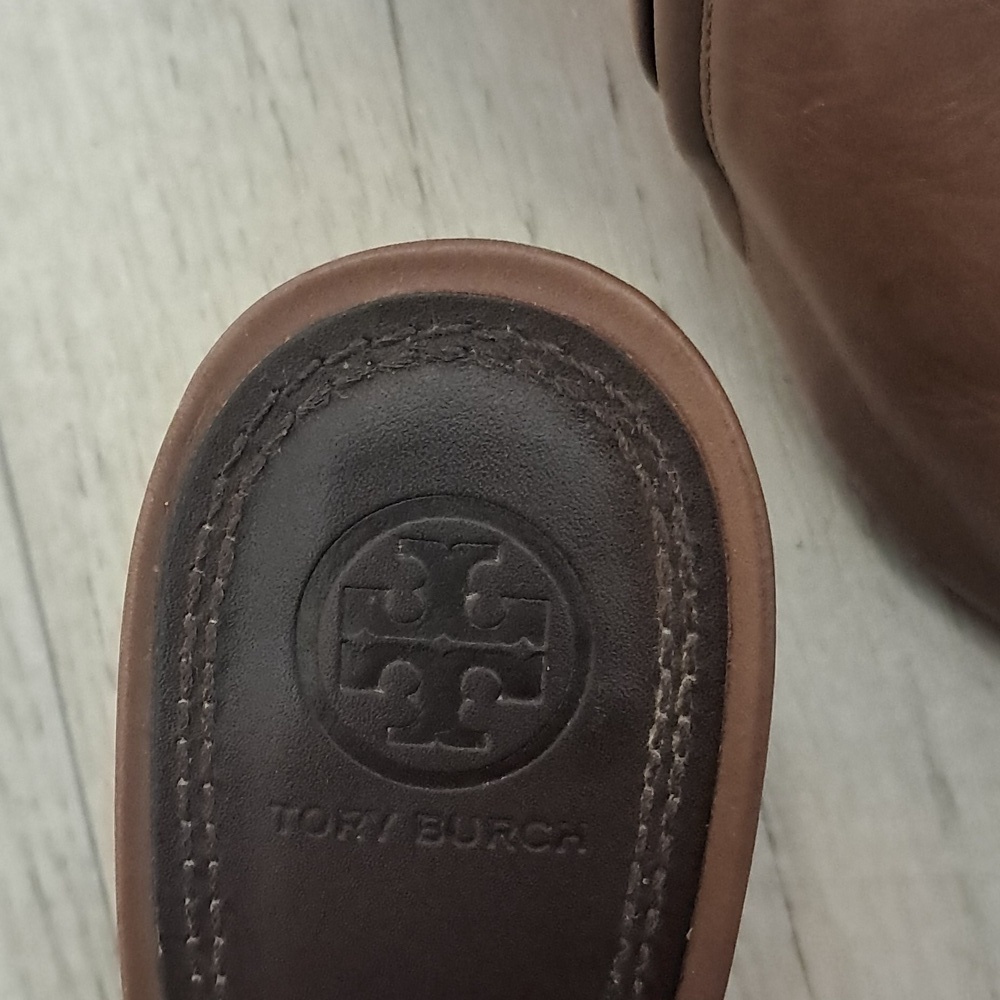 Tory Burch Slingback Saddle Leather Block Heal Mule Sandle Mushroom Size 8.5 - Picture 2 of 10